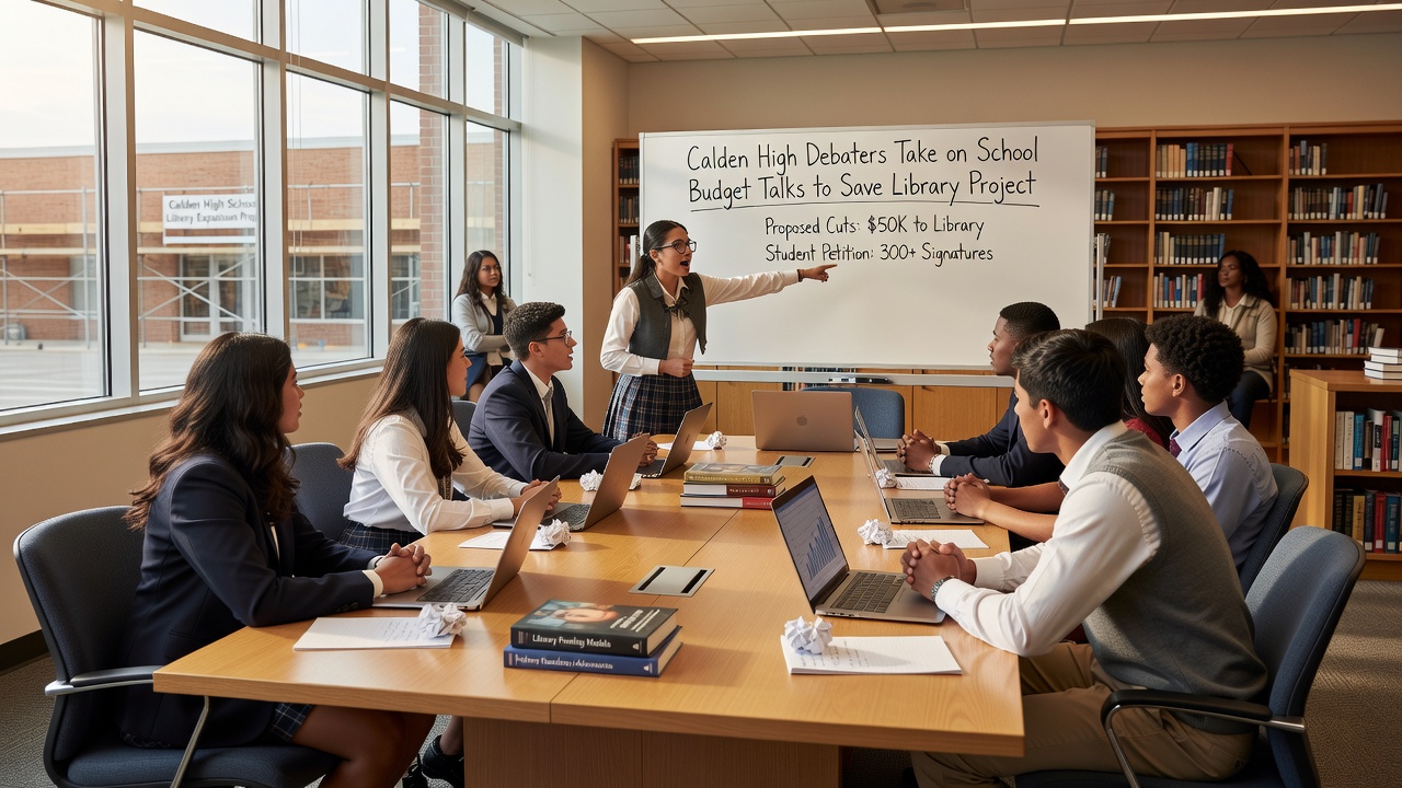 Group of Calden High debaters reviewing notes and charts on library funding during a preparation session before teh school board meeting