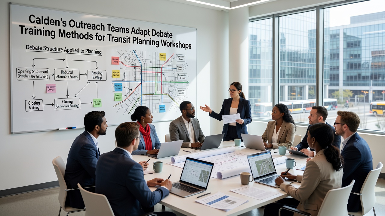 Residents reviewing transit route maps and evidence sheets during an October 2026 planning workshop