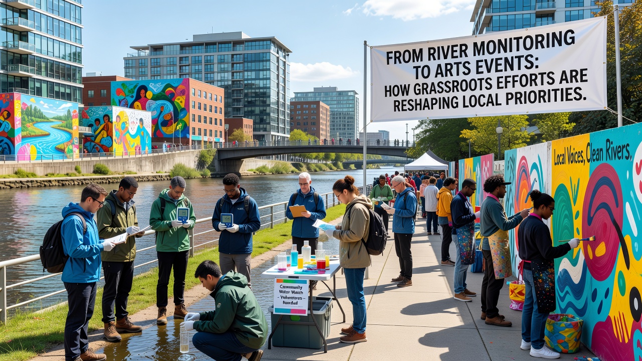 Large community arts festival with river-themed sculptures and live music near a monitored waterway